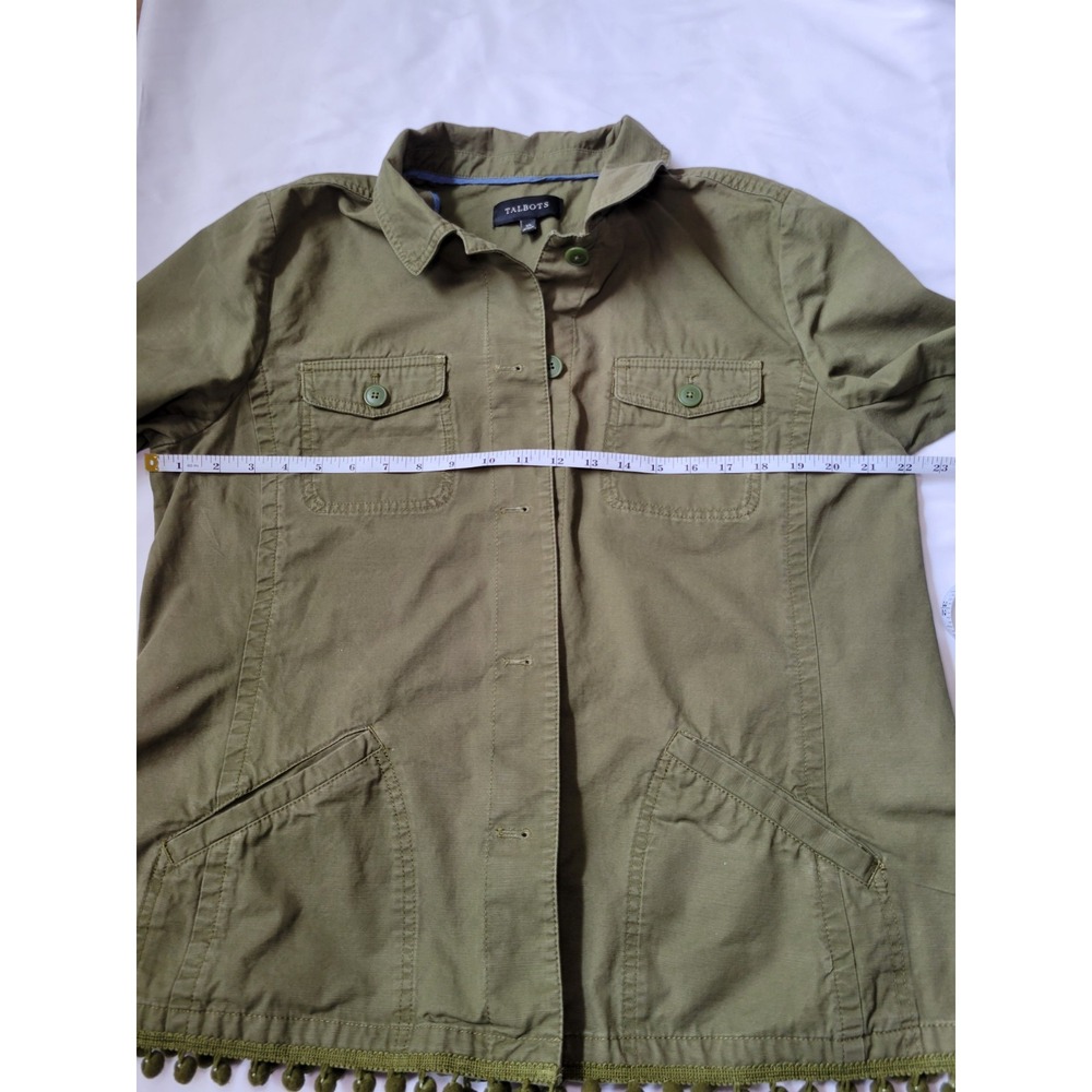 Talbots Womens Jacket Pom Pom Army Green Flap Pockets Gorpcore Lightweight Sz XL - Picture 7 of 14